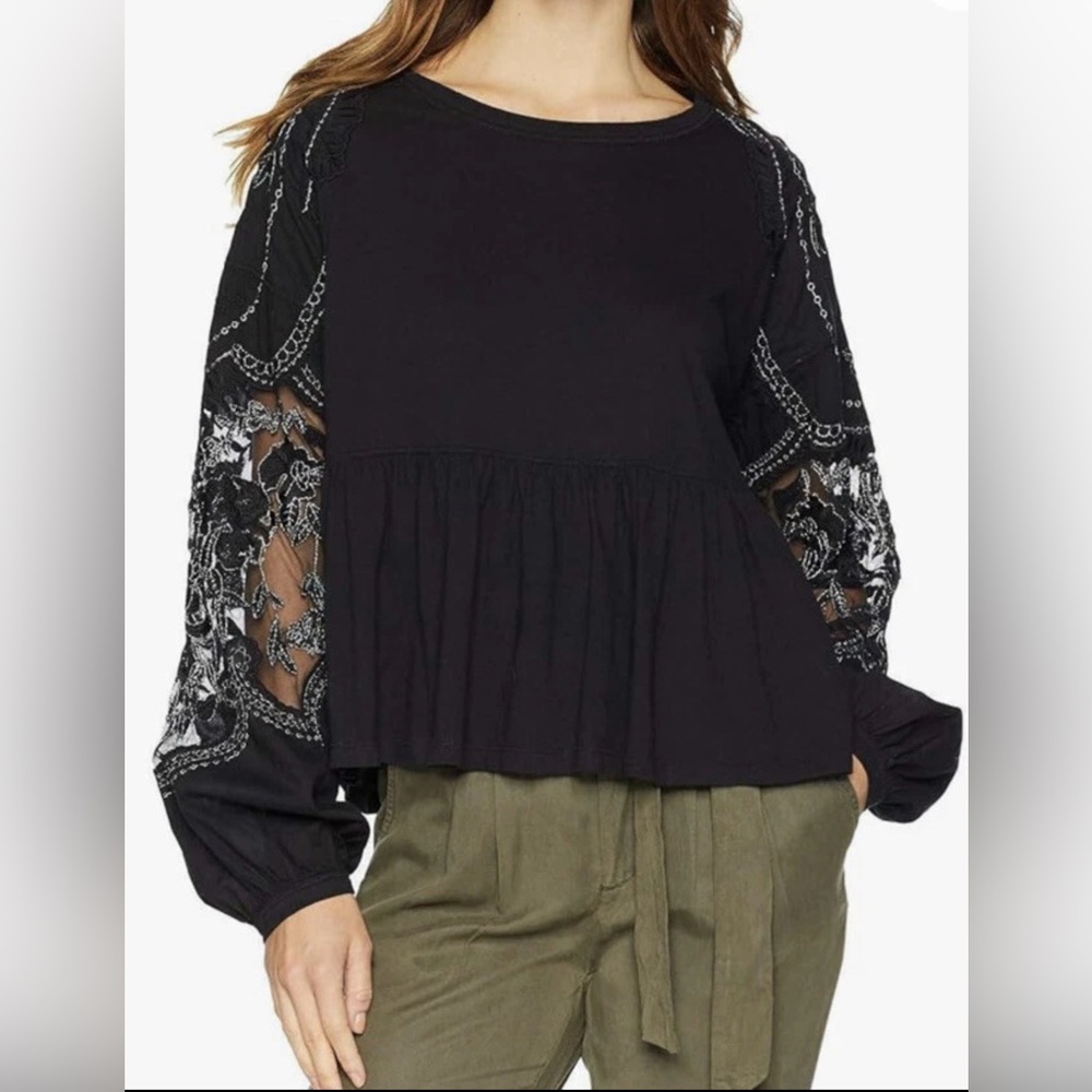 Free People | Embroidered Penny Tee Shirt | Black | Small | Lace/Embroidered